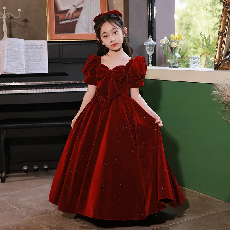 2024 Teenmiro Prom Dress for Girls Children Elegant Red Velvet Long Evening Dresses Kid Luxury Evening Ball Gown Teens Partywear