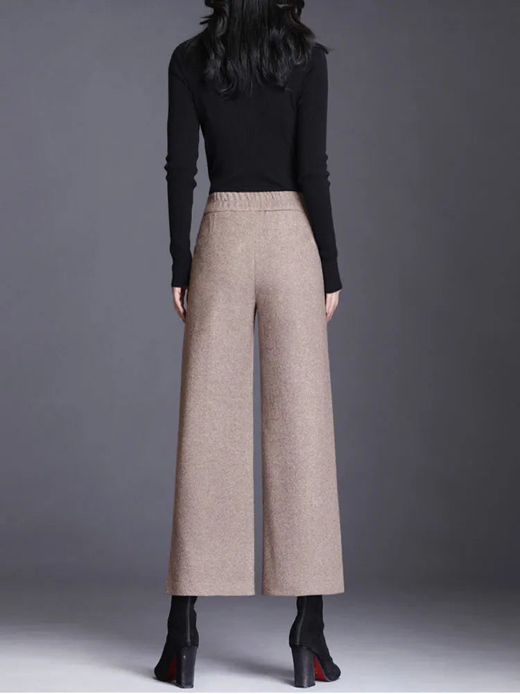 Elegant Woolen Blend Wide Leg Pants Office Lady High Waist Straight Pantalones Autumn Winter