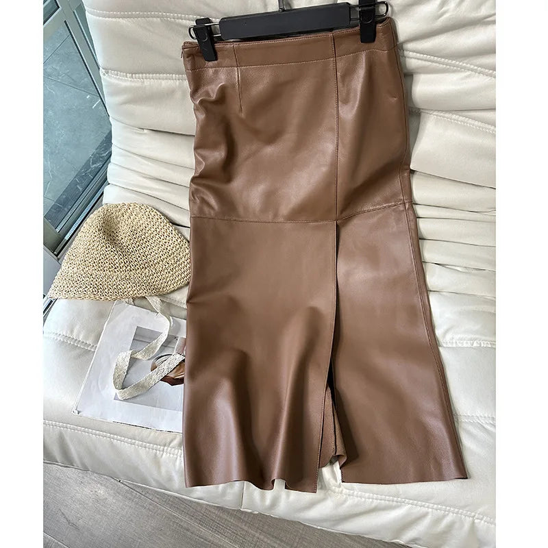 2024 Women’s High-Waist Real Leather Pencil Skirt – Sexy Split Wrap Design