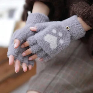 Thicken Women Warm Cat Gloves Fashion Girls Cat Claw Paw Plush Mittens Soft Plush Short Fingerless Half Finger Winter Gloves