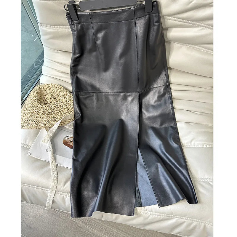 2024 Women’s High-Waist Real Leather Pencil Skirt – Sexy Split Wrap Design