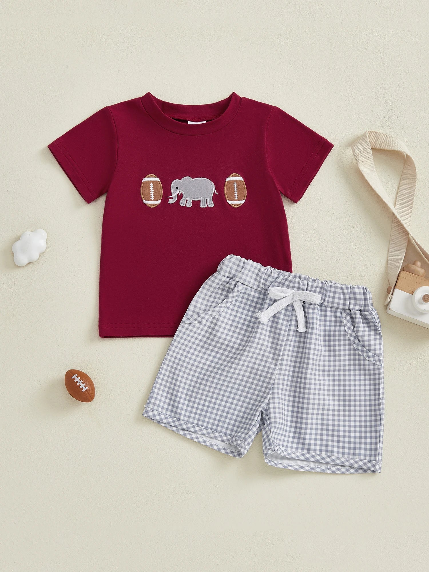 Boys Rugby Elephant Embroidery Top & Plaid Shorts - Preppy Summer Set — view 1 of boys sets