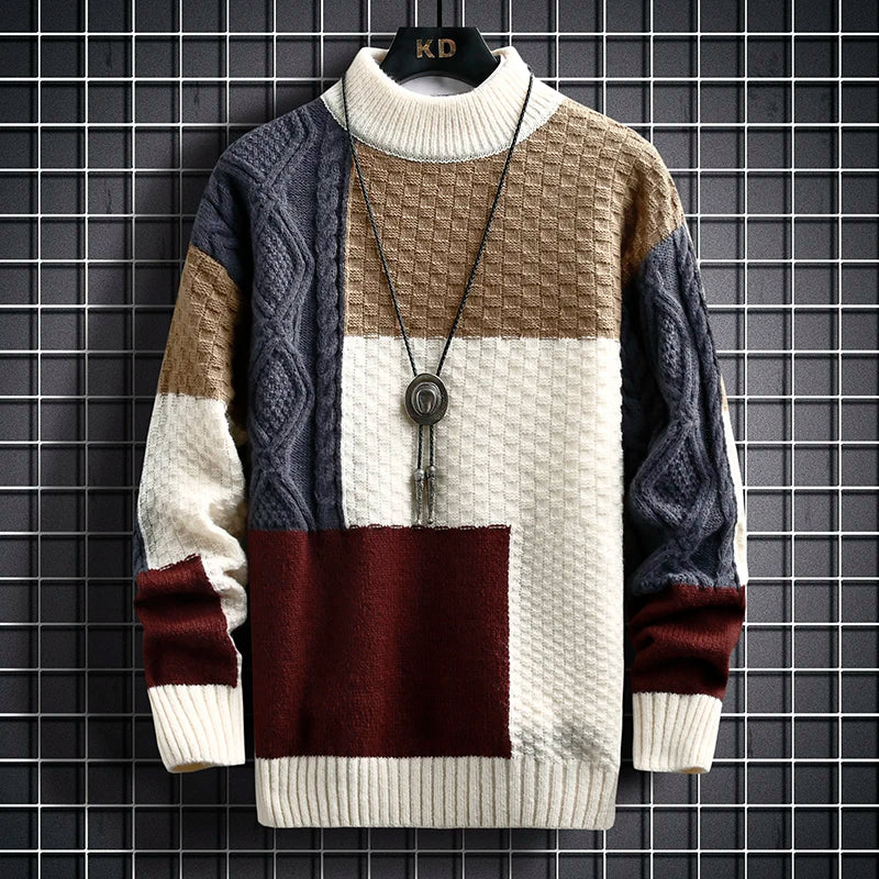 2023 Autumn Winter Men Sweater Warm Fashion Stitching Color Matching