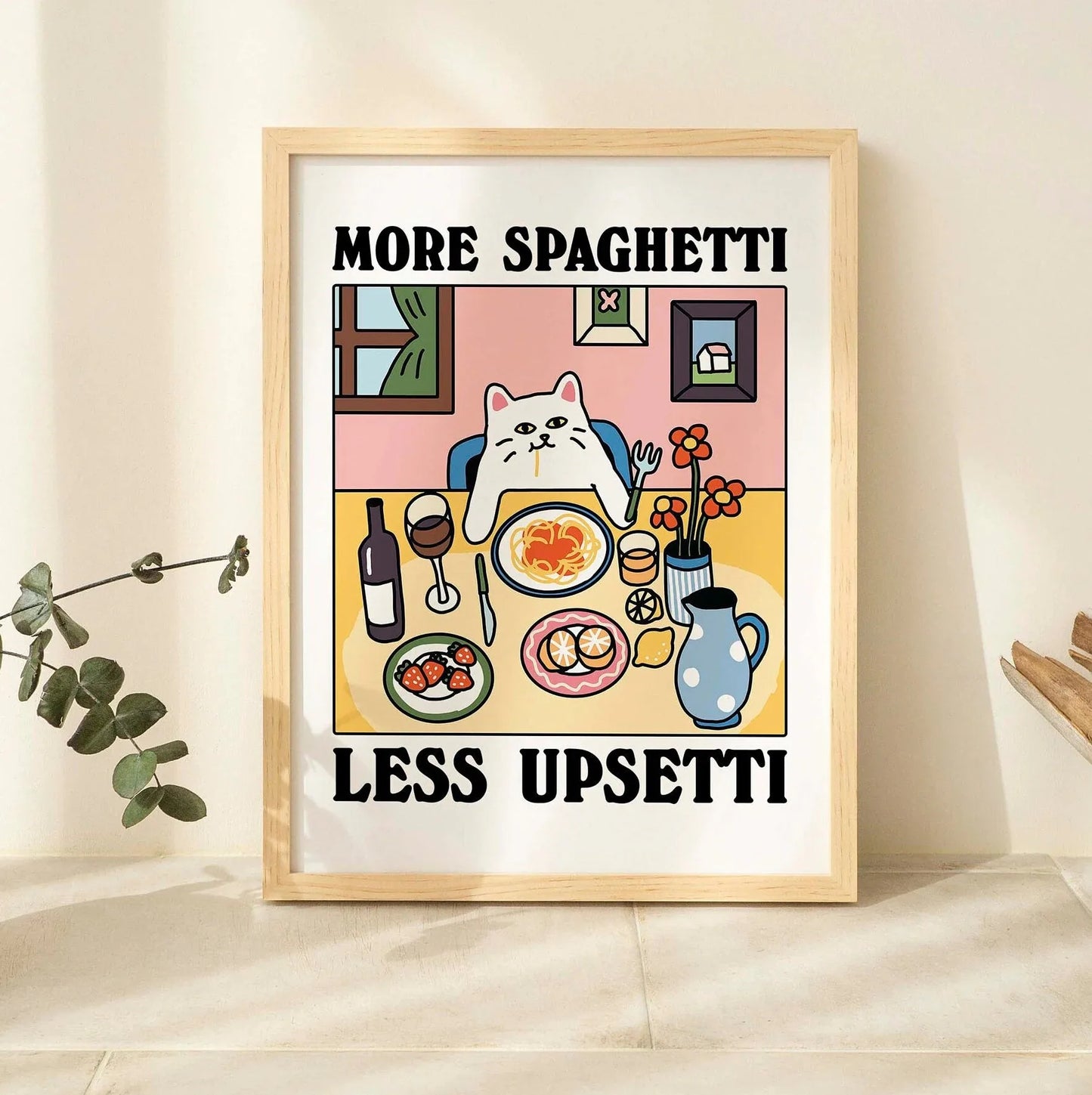 Spaghetti &amp; Espresso Cat Canvas Poster &mdash; Retro Kitchen Wall Art for Caf&eacute; &amp; Home