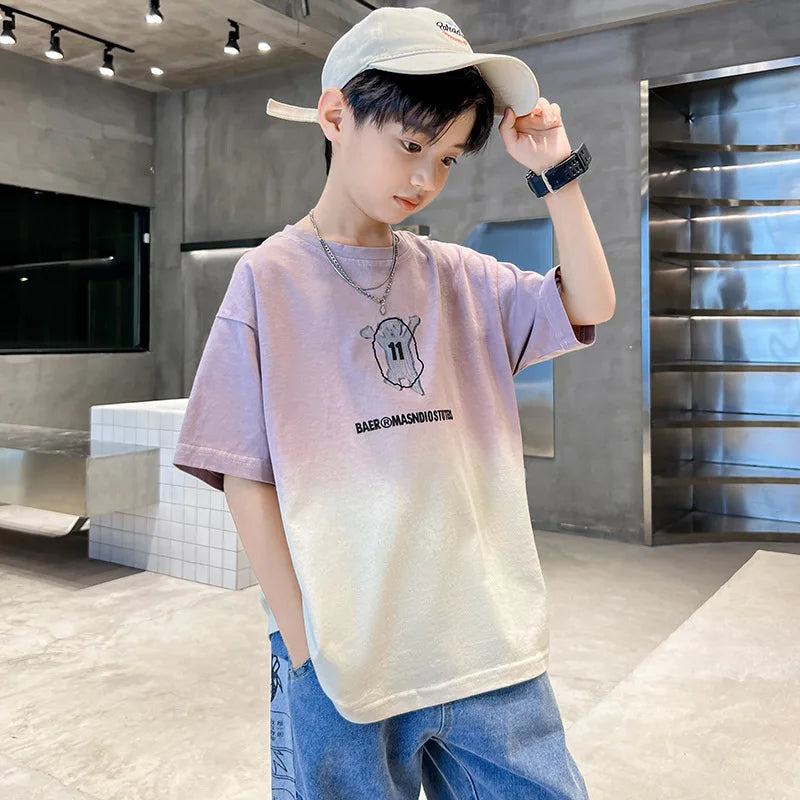 Summer Gradient Sport T-Shirt – Junior Boys’ Casual Short-Sleeved O-Neck Top