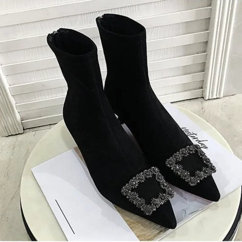 Pointed-Toe Heeled Ankle Boots — Flock Fashion Booties for Spring — view 2 of boots