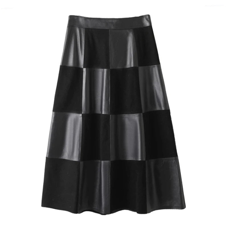 Checkered Genuine Leather Skirt for Women French Elegant Suede Leather Patchwork Umbrella Jupe Longues Femme Plaid Saia Feminina