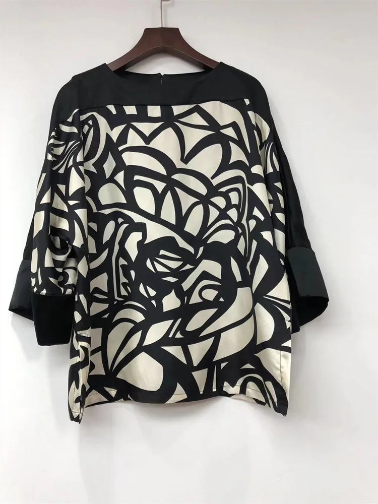 Women 100% Silk Blouse Abstract Printing Slash Neck Batwing Sleeve Loose Vintage Ladies Shirt 2024 Early Autumn