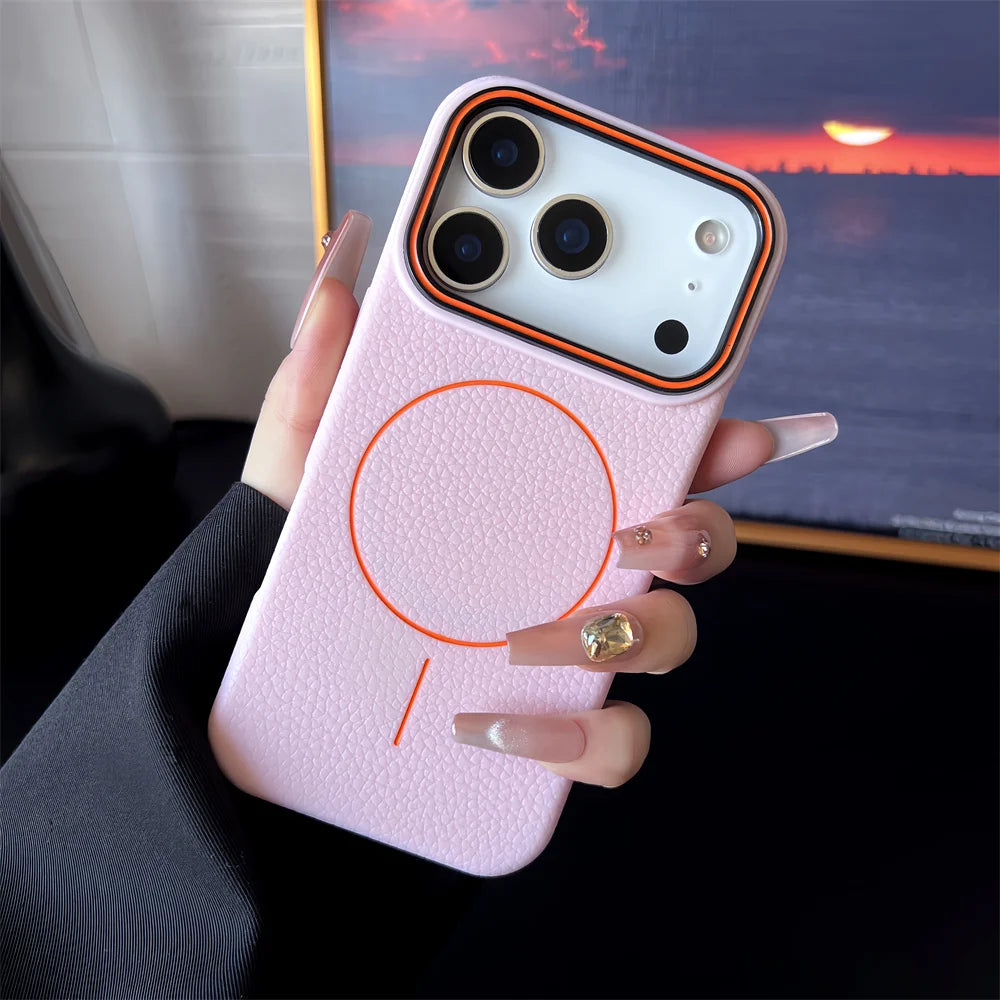 Frosted Hit Color Lichee Pattern Magnetic Phone Case For iPhone 17 Pro Max  For Magsafe TPU Soft Cover