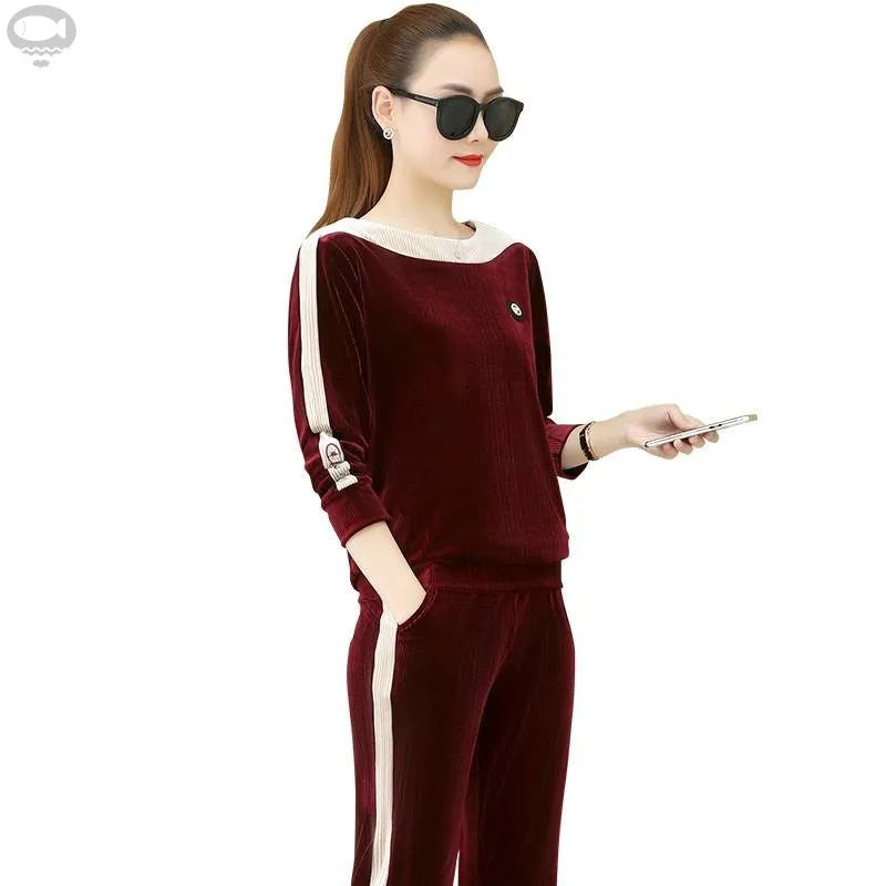 Plus Size Velvet Women Sportswear Tracksuit Loose Sweater Wide Leg Pant Running Jogger Fitness Gym Workout Casual Set Sport Suit