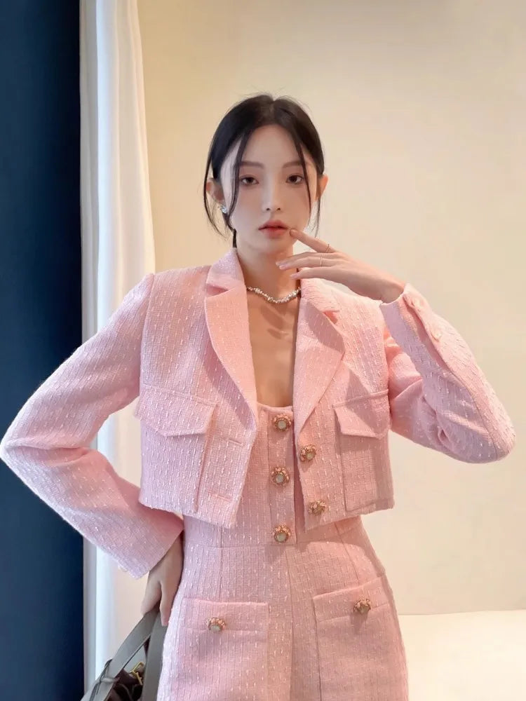 Office Lady Fashion Long Sleeve Pink Tweed Jacket Suspenders Playsuits Two Piece Set Sweet Women Spring Autumn Matching Sets