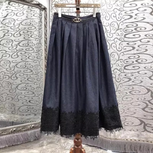 2025 Spring Fashion Long Denim Skirt High Quality Cotton Denim Women Lace Embroidery Casual Long Maxi Blue Jeans Skirt Clothing