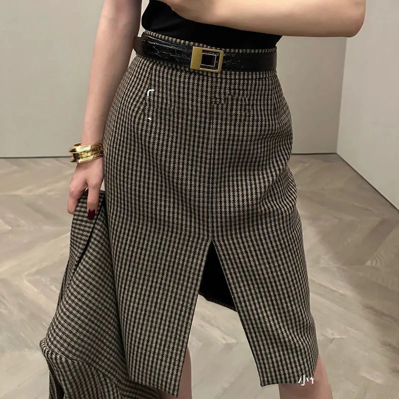 Retro Wool Blend Plaid Bag Hip Skirts Autumn New Trendy High Waist Sexy Front Slit Skirt Streetwear Fashion Y2K Clothes Runway