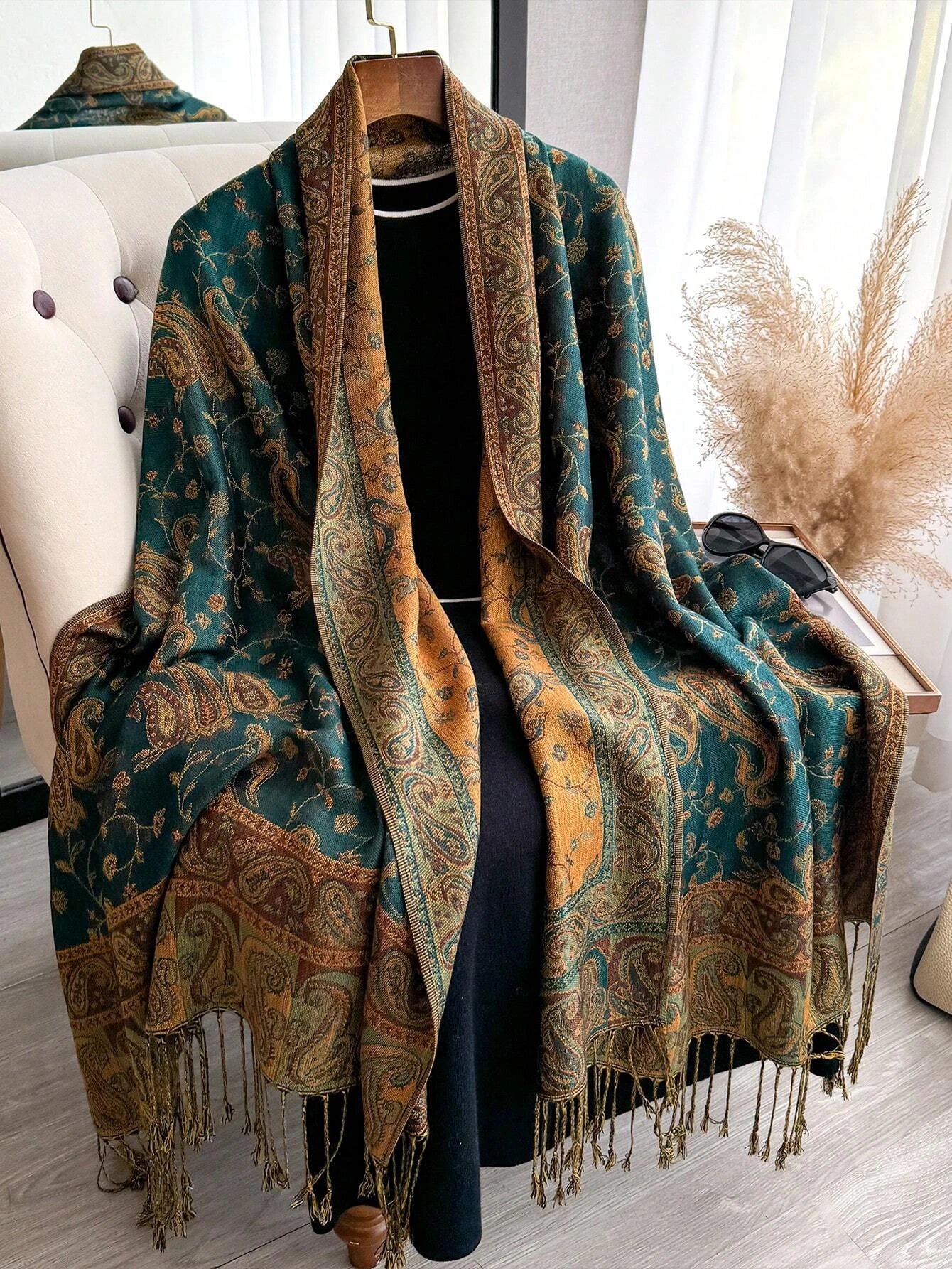 Pashmina Scarf European Bohemia Paisley Jacquard — Museum-Piece Cashmere Shawl Wrap 70×190cm — view 1 of scarves & wraps