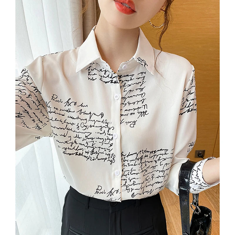 Women Spring Korean Loose Elegant Letter Printing All-match Long Sleeve Shirts Women Clothes Casual Office Lady Printing Tops