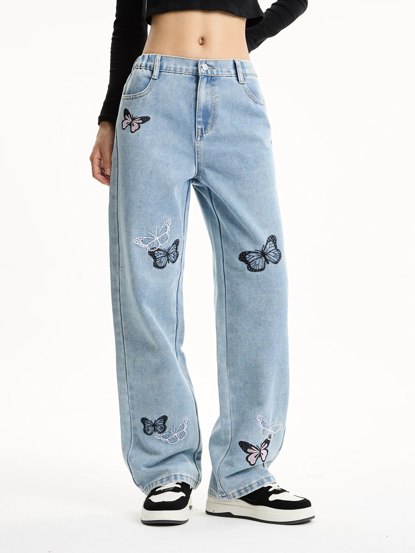 Girls' Y2K Butterfly Embroidered Wide-Leg Jeans — Loose Straight-Leg Denim — variant view 6