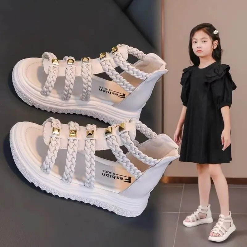 Children'S Beach Sandals Girl Summer Gladiator Sandals Elegant 2024 for Kids School Weave Rivets Shoes 3 5 6 7 8 9 10 11 12 Year