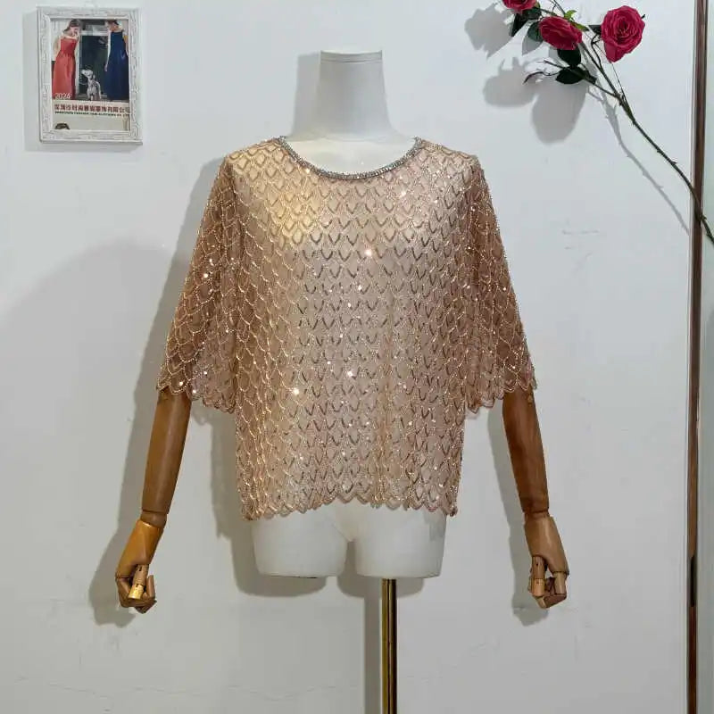 Fashionable Elegant Rhinestone Blouse Women 2024 Summer Sexy Tulle Half-Sleeved Loose Short Sleeve Sequin Bead Tops Female