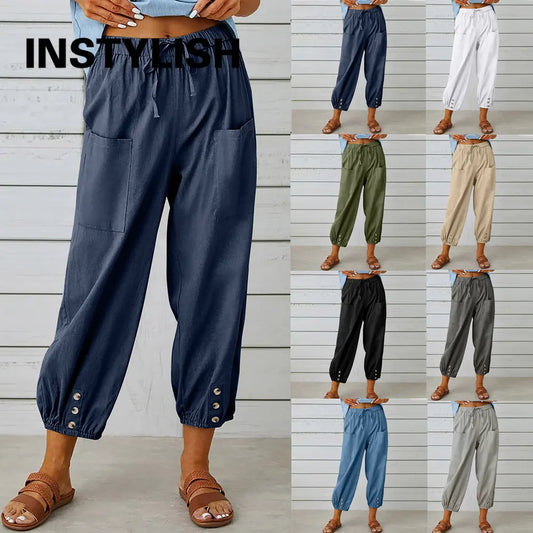 Women Cotton Linen Pants 2024 Autumn Solid Color Elastic Waist Loose Straight