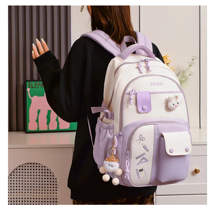 Cute rabbit children school backpack for teenage girls Fashionable splicing color contrast fresh lady knapsack kids schoolbags