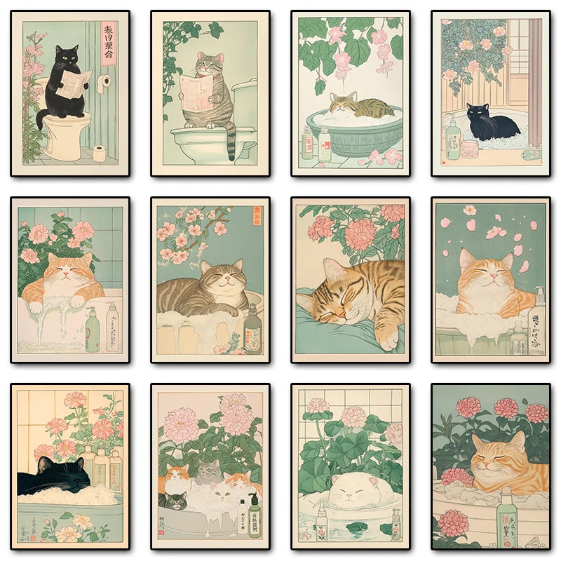 Japanese Tabby Cat in Bathtub Canvas Poster &mdash; Retro Japandi Wall Art for Bathroom &amp; Home — view 1 of wall art & prints