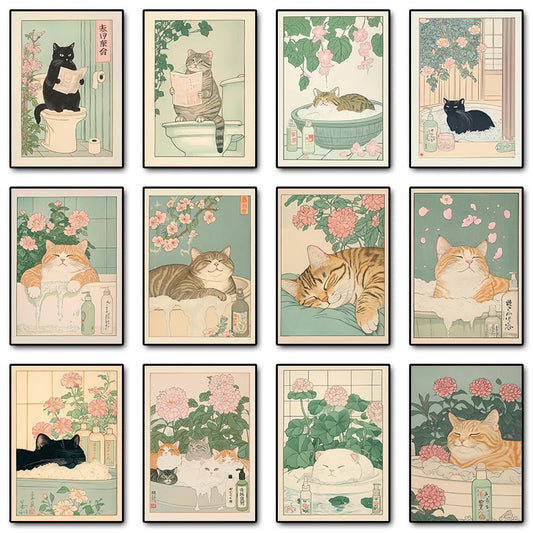 Japanese Tabby Cat in Bathtub Canvas Poster &mdash; Retro Japandi Wall Art for Bathroom &amp; Home — view 1 of wall art & prints