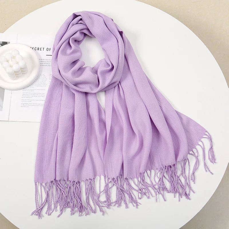 Solid Pashmina Scarf Tassel — Minimalist Cashmere-Feel Capsule Wardrobe Wrap for Women & Men — view 7 of scarves & wraps