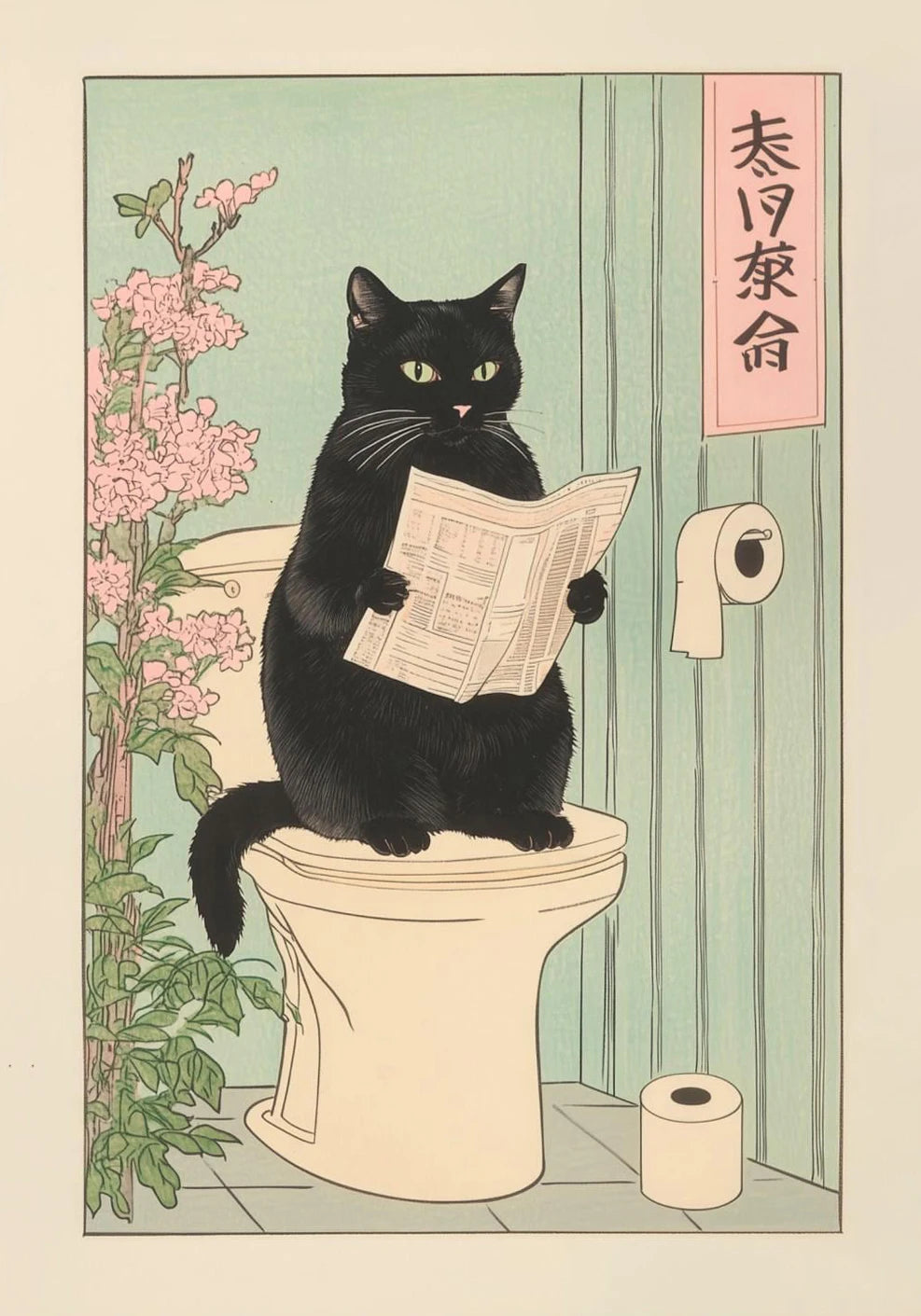 Japanese Tabby Cat in Bathtub Canvas Poster &mdash; Retro Japandi Wall Art for Bathroom &amp; Home — view 11 of wall art & prints