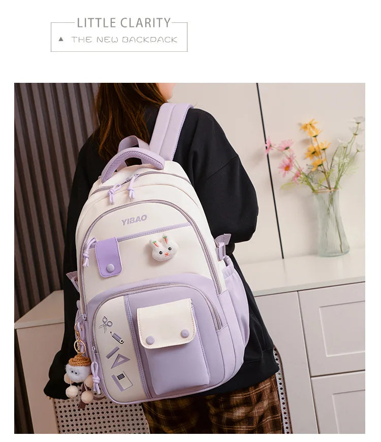 Cute rabbit children school backpack for teenage girls Fashionable splicing color contrast fresh lady knapsack kids schoolbags