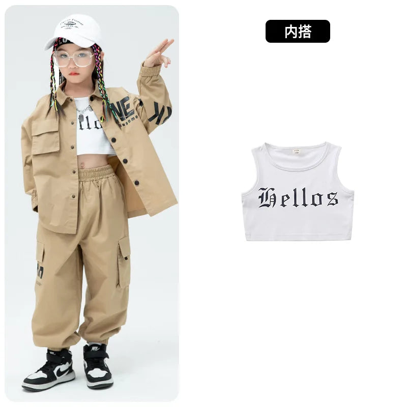 Kid Kpop Hip Hop Clothing Khaki Shirt Jacket Casual Streetwear Cargo Jogger Pants for Girl Boy Jazz Dance Costume Clothes Set