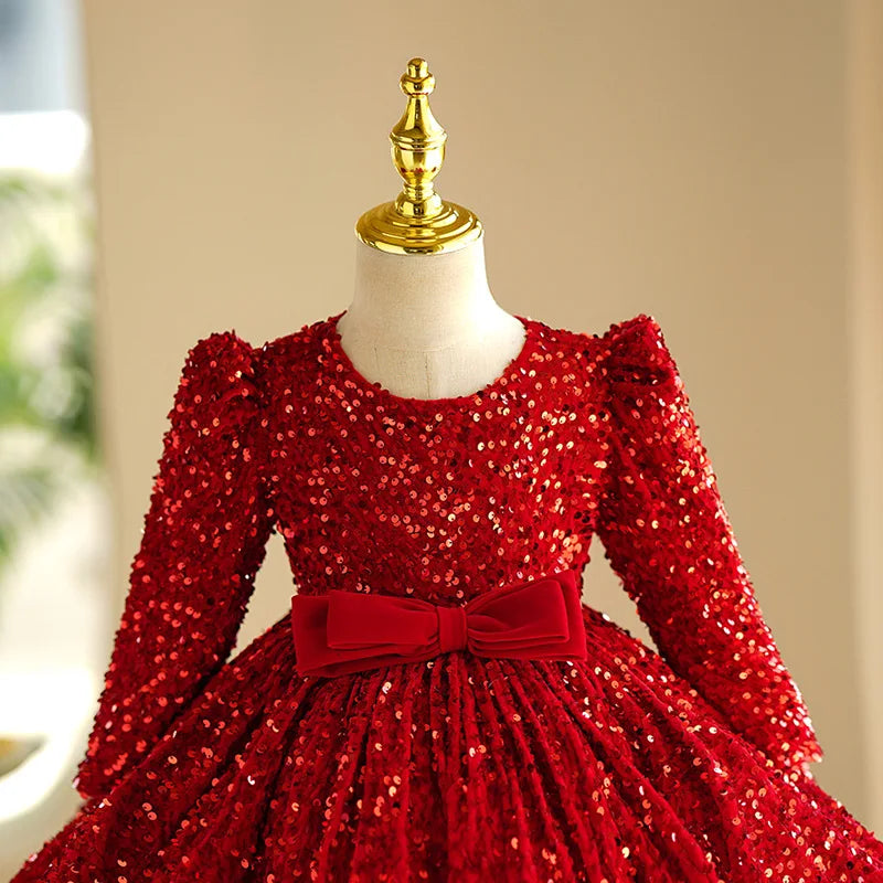 Long Sleeve Fashion Red Princess Ball Gown For Girls Sequins Bow Design Birthday Party Wedding Dress g170