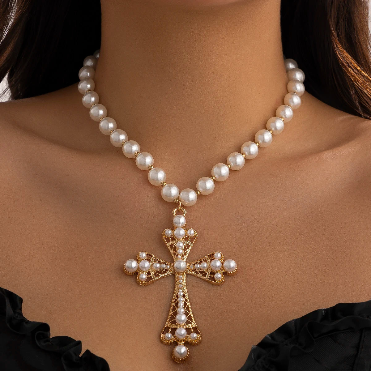 Pearl & Goth Cross Pendant Choker Necklace — Imitation Pearl Y2K Statement — view 8 of necklaces