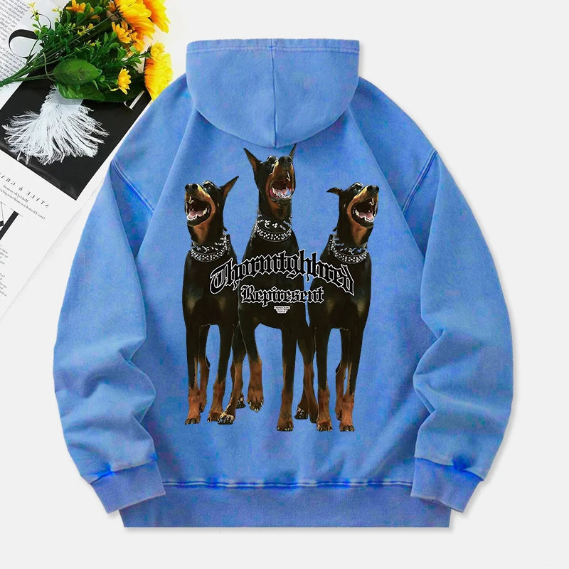 Doberman Pinscher Washed Hoodies Women 3 Dogs Printing Cotton Streetwear Oversize Pocket Warm Pullovers Winter Womans Clothes