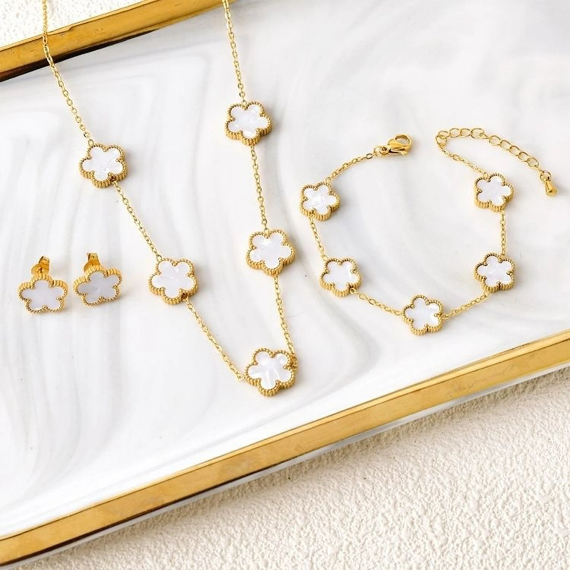 3-Piece 18K Gold-Plated Five-Leaf Flower Jewelry Set Necklace Earrings & Bracelet Clover Pendant Set — view 8 of jewelry sets