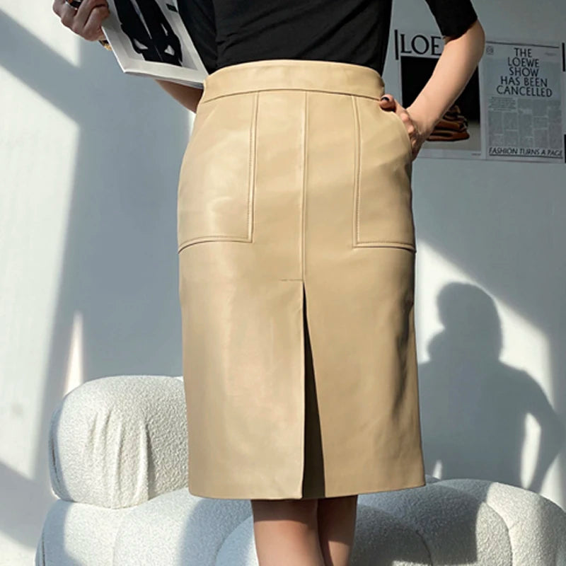 Lambskin Skirt for Women Commuting OL Simplified Vertical Cut 100% Leather Front Split Jupe Mujer Pockets Black Wrap Midi Skirt