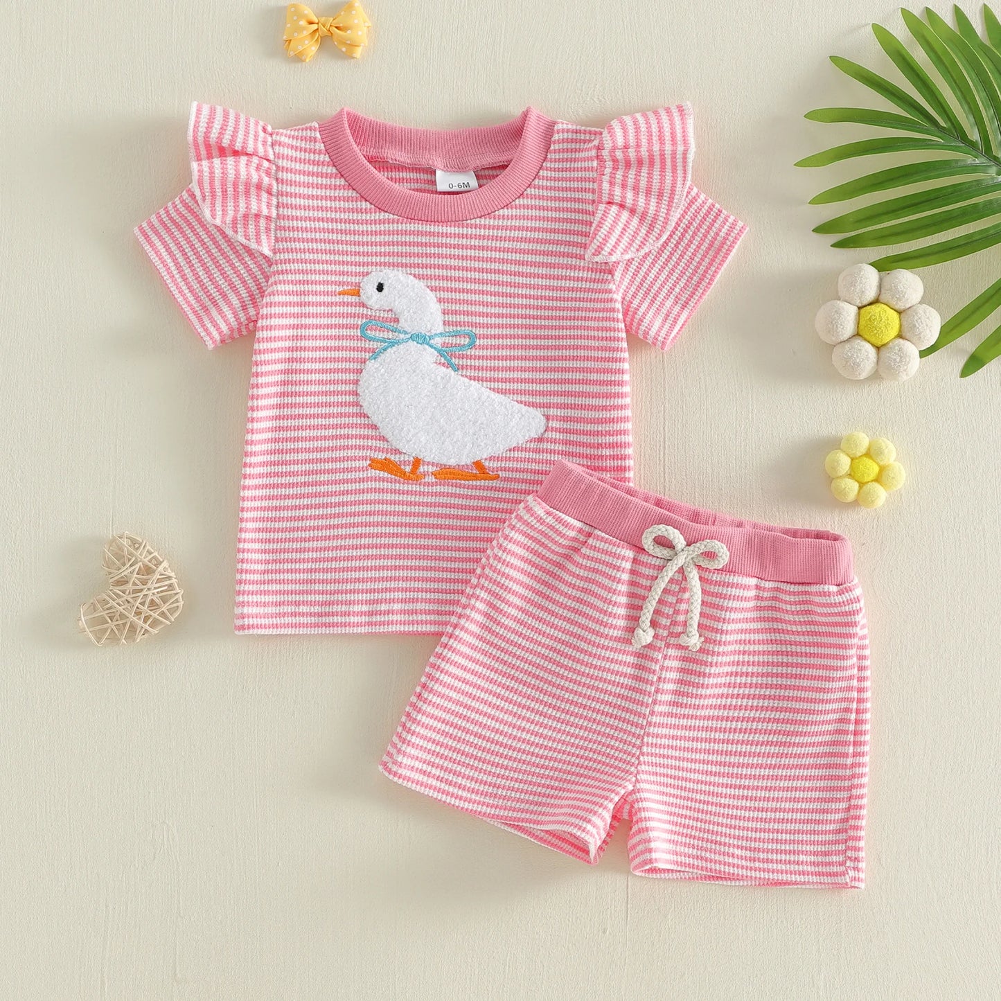 Infant Girl Embroidered Goose Top & Bow Shorts Set - Vintage Smocked Outfit — view 3 of infant sets