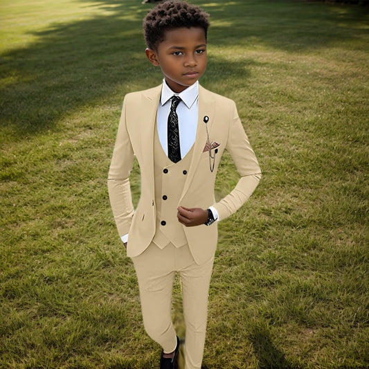 Champagne Notched Lapel Suits For Kids School Uniforms Boys Regular Fit Suit Set 3-14Y In Stock Wedding Ring Bearer Outfit