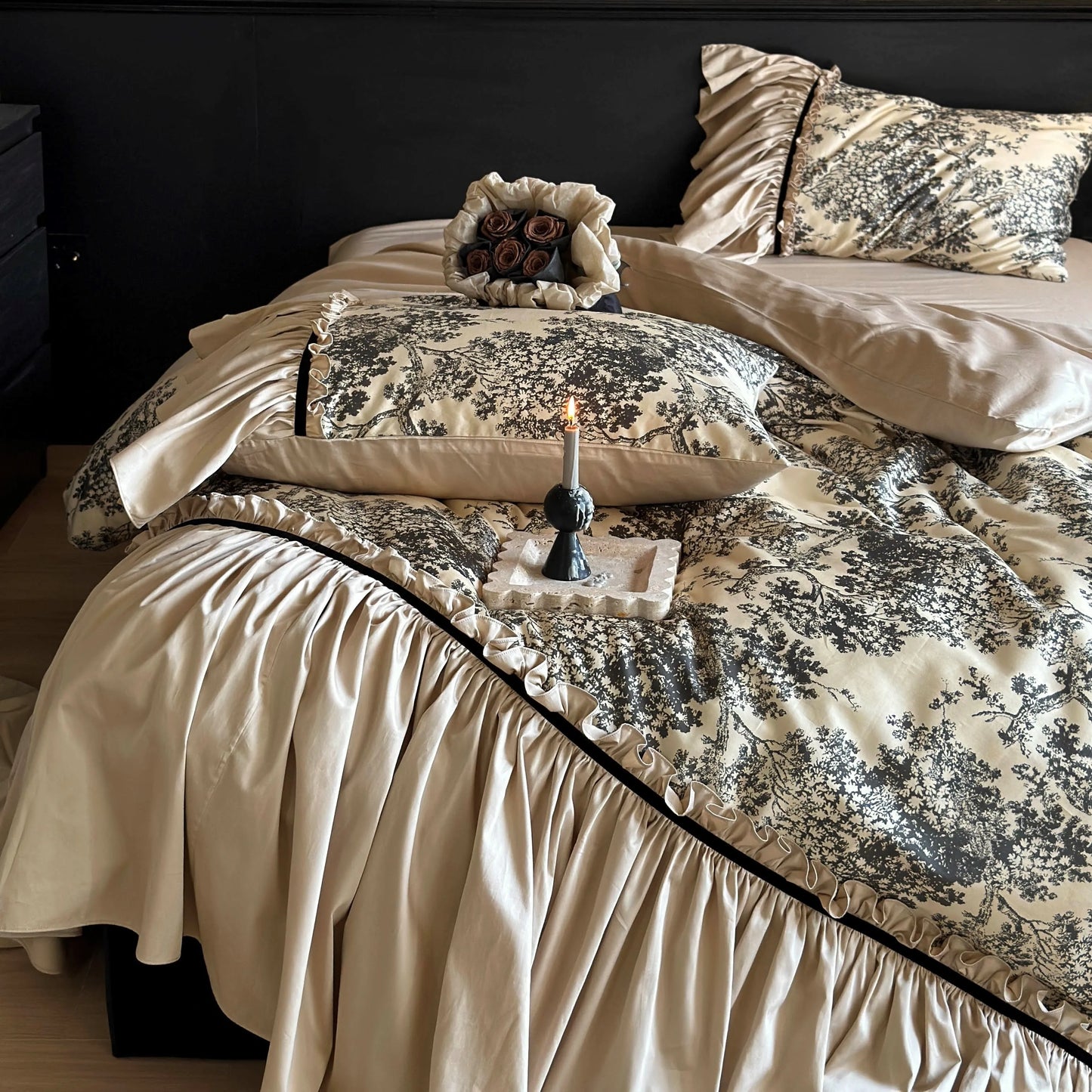 Korean Princess Cotton Bedding Set Retro French Duvet Cover Sets Flower Bed Skirt Bedding 4pcs  Skin-friendly Bedspread Sheets