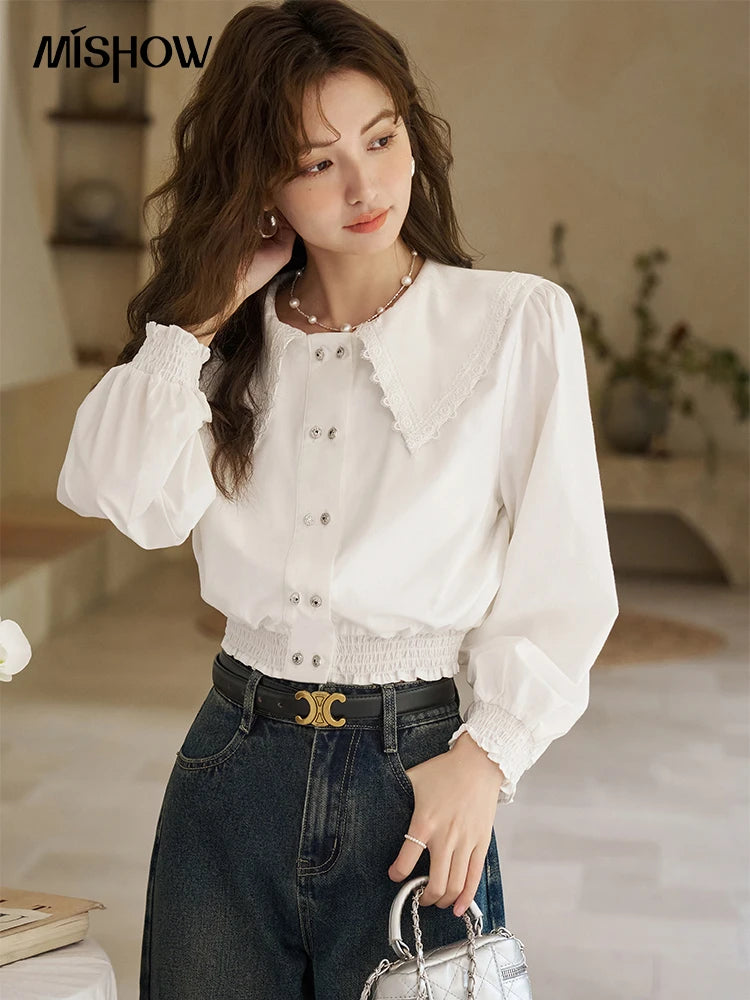 MISHOW Korean Doll Neck Shirt 2024 Spring Lace Patchwork Bubble Sleeve Elastic Hem Double Breasted Solid Short Tops MXD12C0164