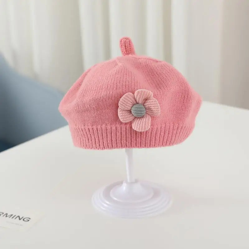 Flower Baby Beret Hat - Knitted Painter Cap for Infant Girls, Cute Toddler Princess Beret