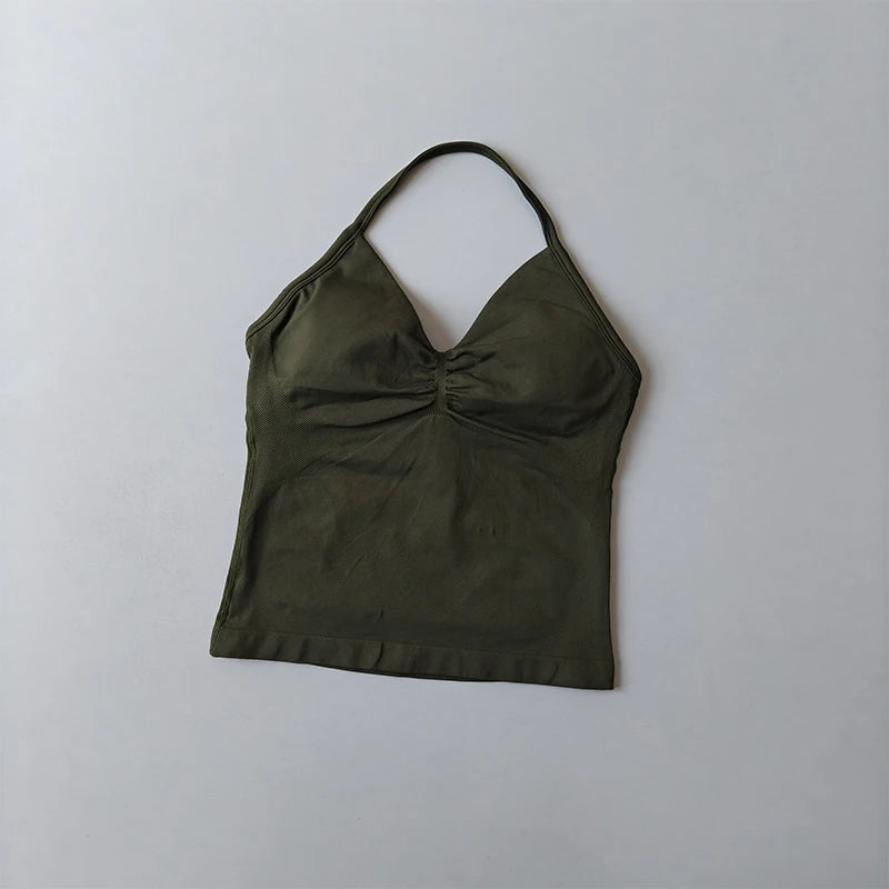 Longline Strappy Yoga Tank &mdash; Seamless Ruched Backless Gym Vest with Built-In Bra — view 13 of sports bras