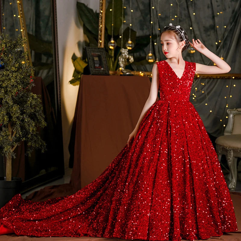 Wine Red Sequin Flower Girl Pageant Mermaid Dresses Long Puffy Prom Formal Birthday Party Dress Luxury Evening Shining Ball Gown