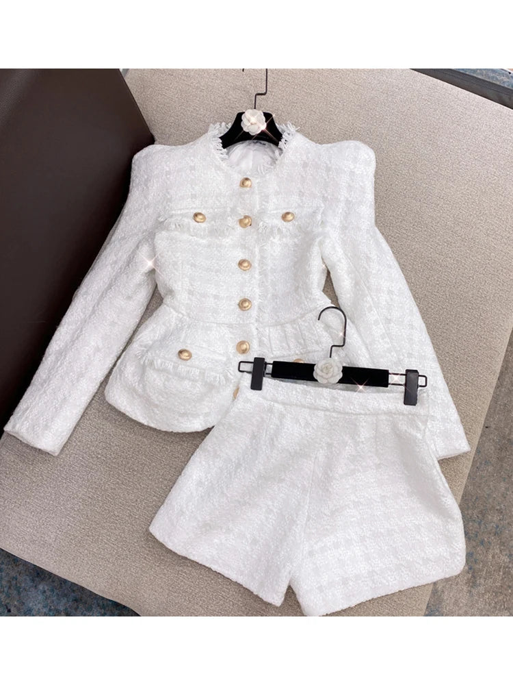 HIGH STREET 2024 New Designer Runway Suit Set Women's Gold Buttons Tweed Jacket Shorts Set