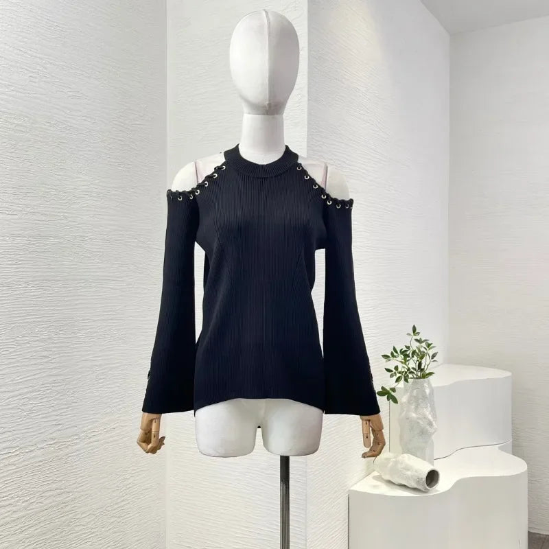 Black Cut-Out Knit Blouse – High-Quality Elegant Flare Sleeve Top