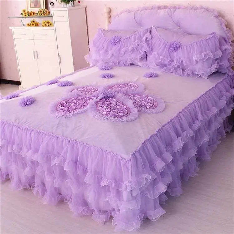 Winter Coral Fleece 4pcs Set Lace Princess Wind Pastoral Padded Plush Bed Skirt Double-sided Fleece Quilt Cover Bedding Sets