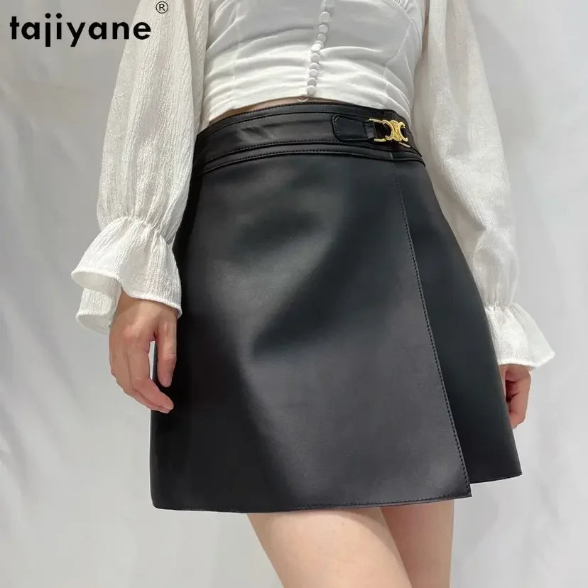 Tajiyane Real Sheepskin Skirts for Women 2023 Genuine Leather Skirt Women's Clothing High Waist Wrap Skirt Short Black Skirts