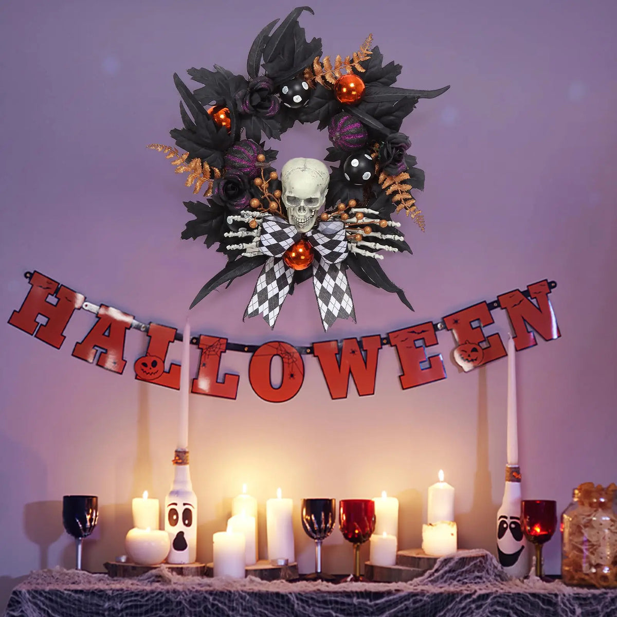 20-Inch Gothic Skeleton Halloween Wreath with Skulls & Pumpkins — product photo 5