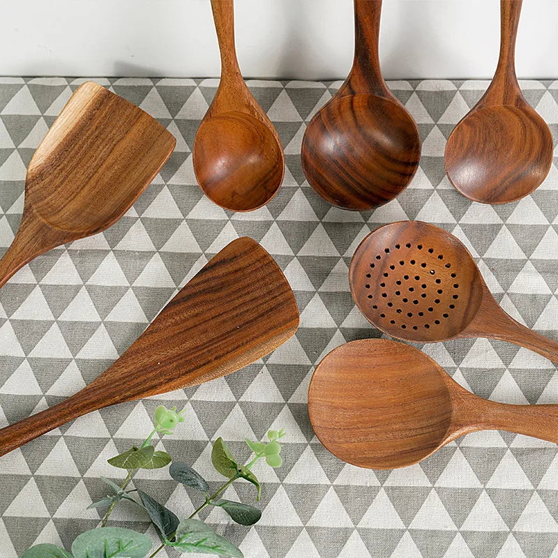 Teak Wooden Cooking Spoons Set — Smooth Non-Stick Kitchen Utensils (1-10 Pcs) — view 3 of dining & tableware