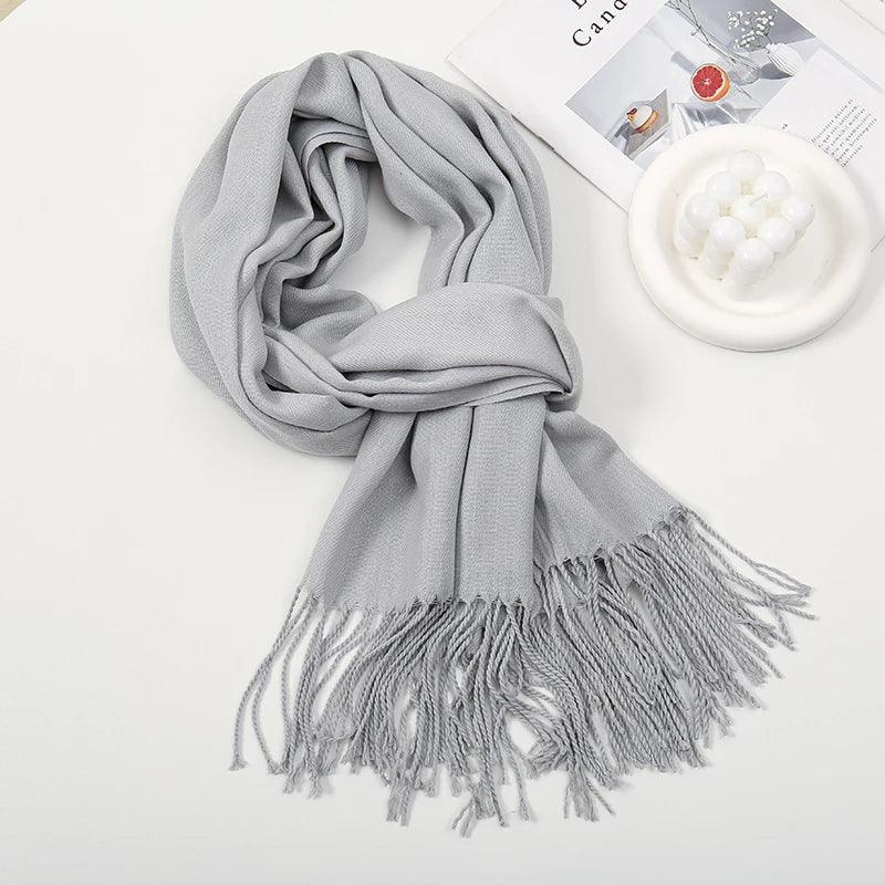 Solid Pashmina Scarf Tassel — Minimalist Cashmere-Feel Capsule Wardrobe Wrap for Women & Men — view 1 of scarves & wraps