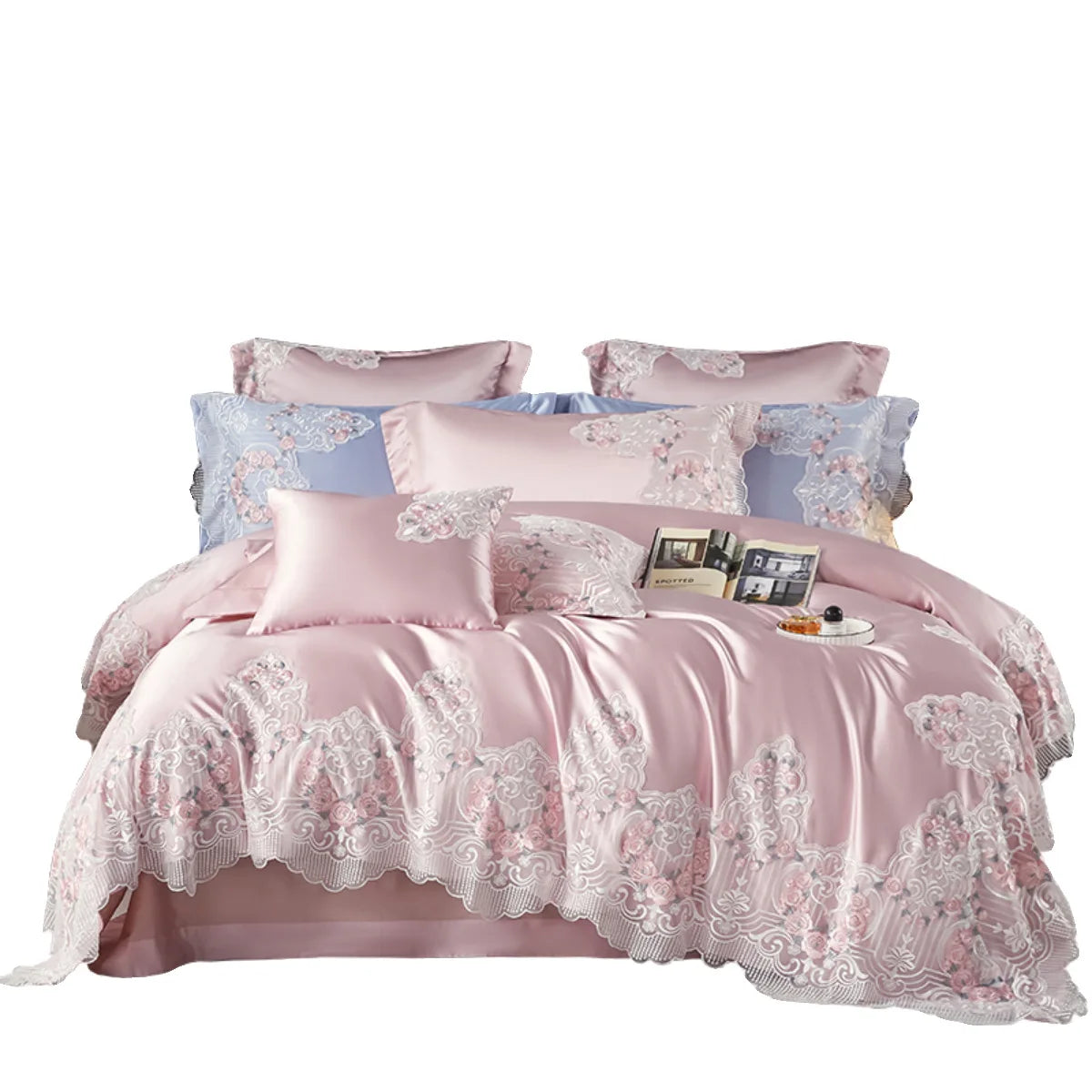 Luxury Hotel Wedding Bedding Set – 600TC Long-Staple Cotton Embroidered Pink Princess Duvet Cover